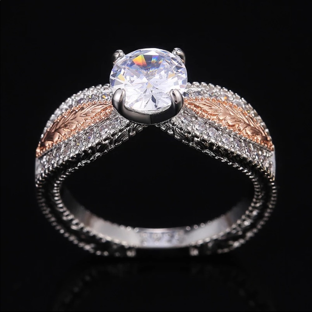 New Two Tone 925 Silver Sapphire Round Cut Ring - Picture 3 of 5